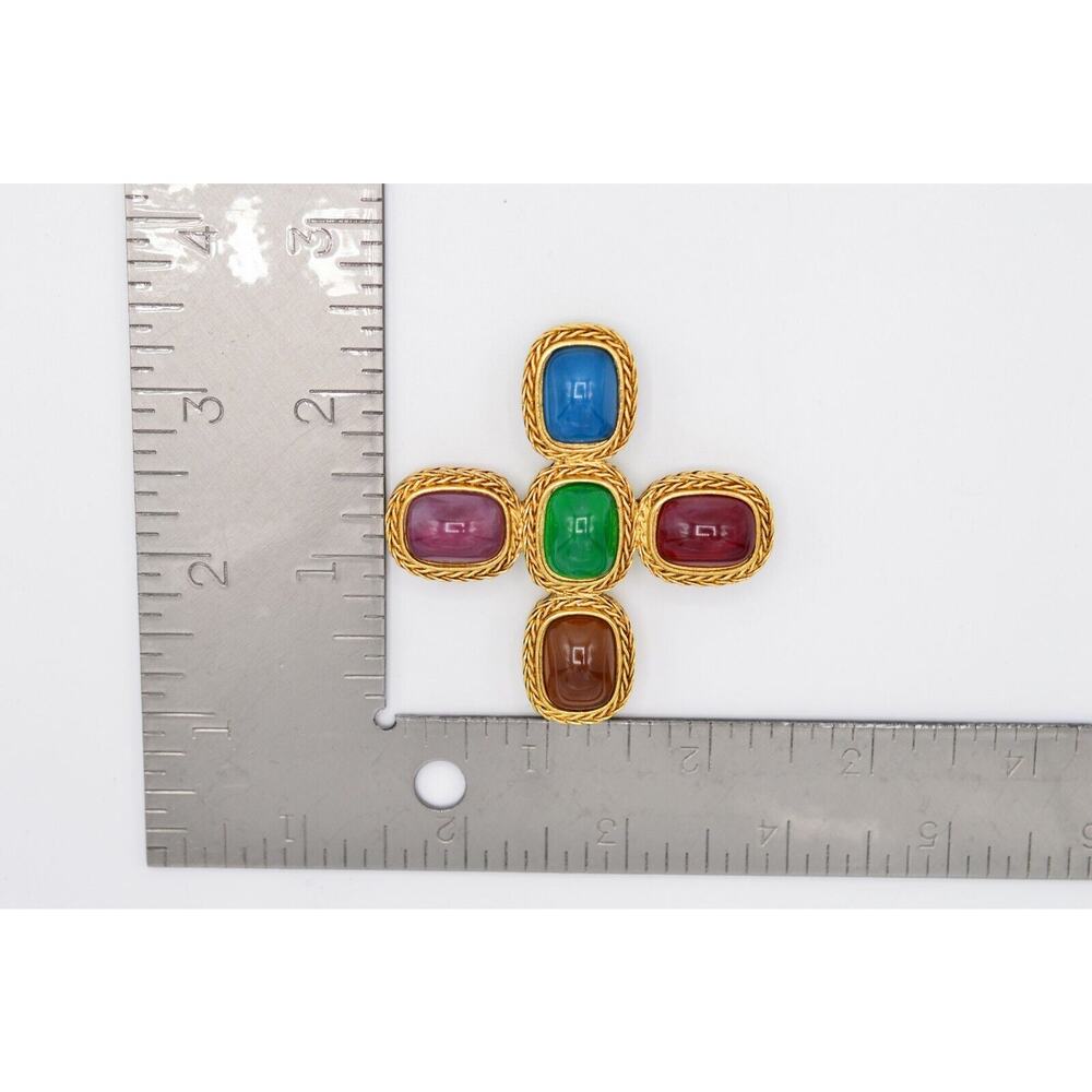 Givenchy Vintage Gripoix Byzantine Cross Pin Brooch Cabochon Glass Signed BinF - Picture 12 of 12